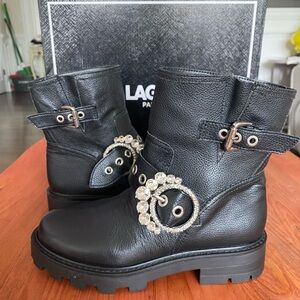 KARL LAGERFELD PARIS Womens Black Marceau Toe Block Heel Leather Boots Shoes 7.5